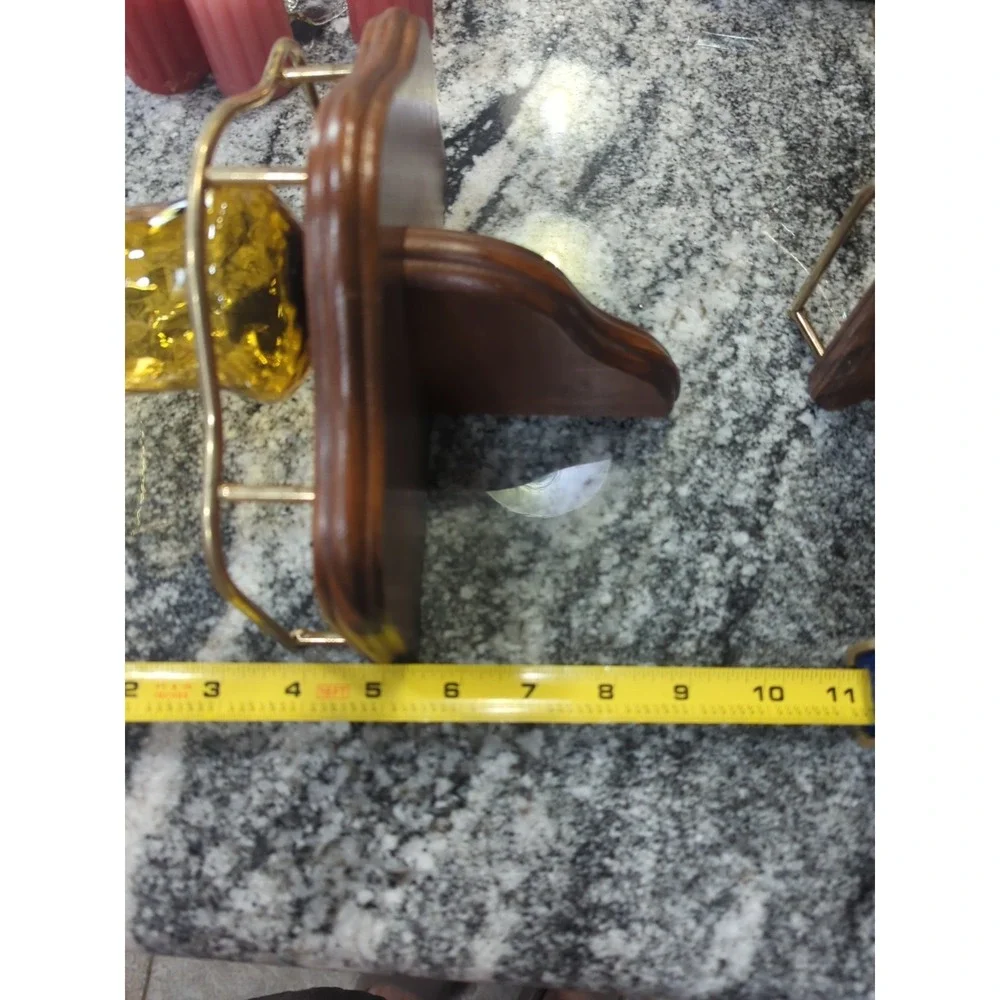 2 Vintage Homco Wood And Goldtone Brass Wall Sconce & Amber Candle Cups